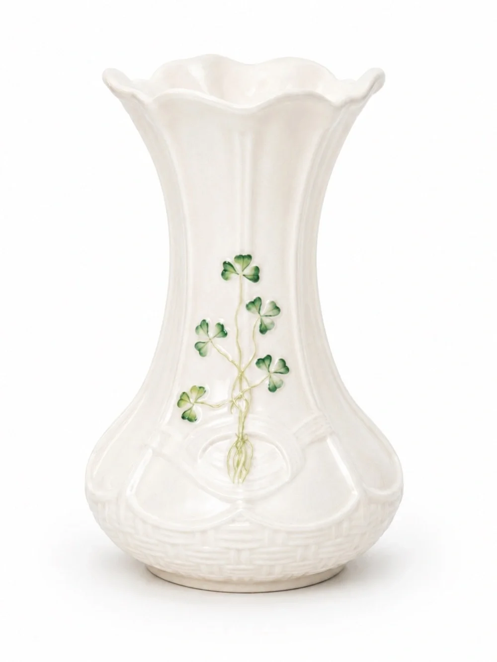 Vintage Belleek Ireland Strangford Shamrock Vase Basketweave Ivory Porcelain